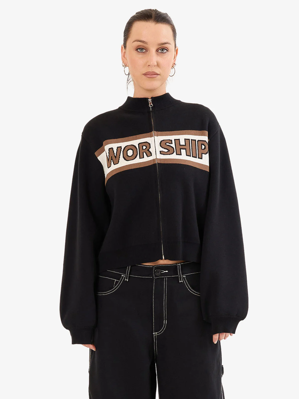 Brassy Zip Front Knit Jacket - Black