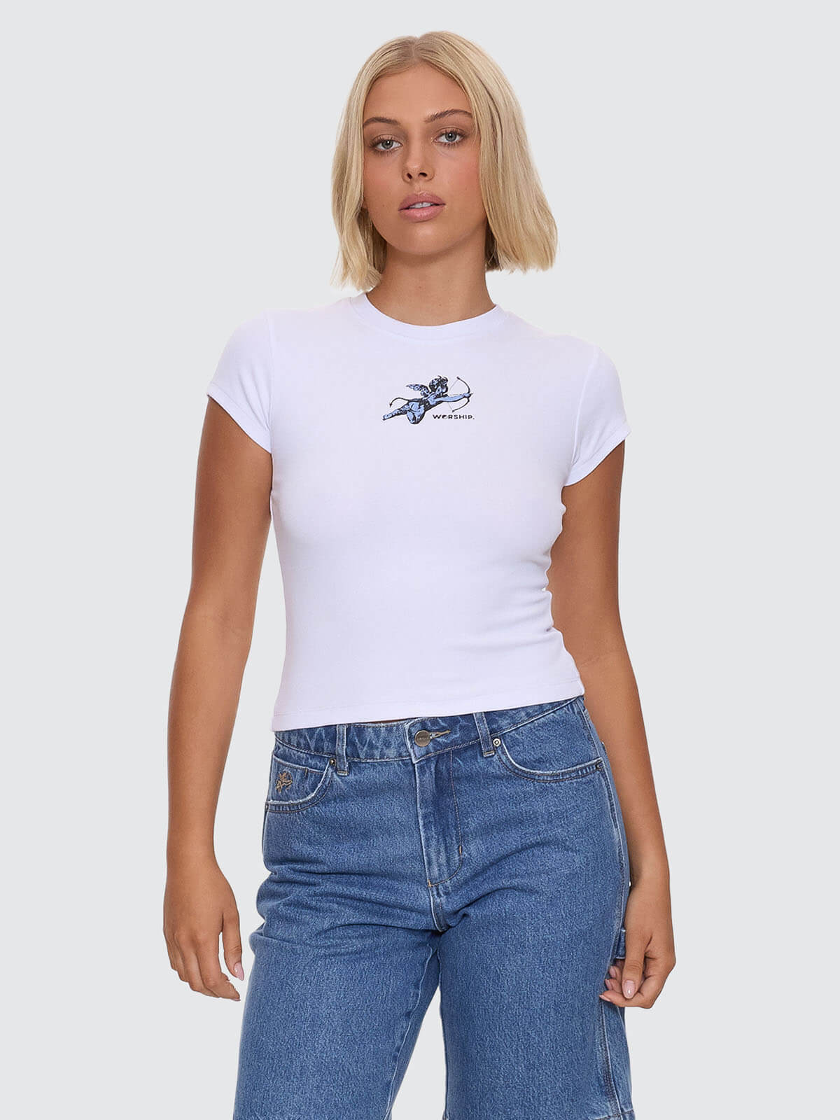 Cherub Cap Sleeve Tee - White - Blue