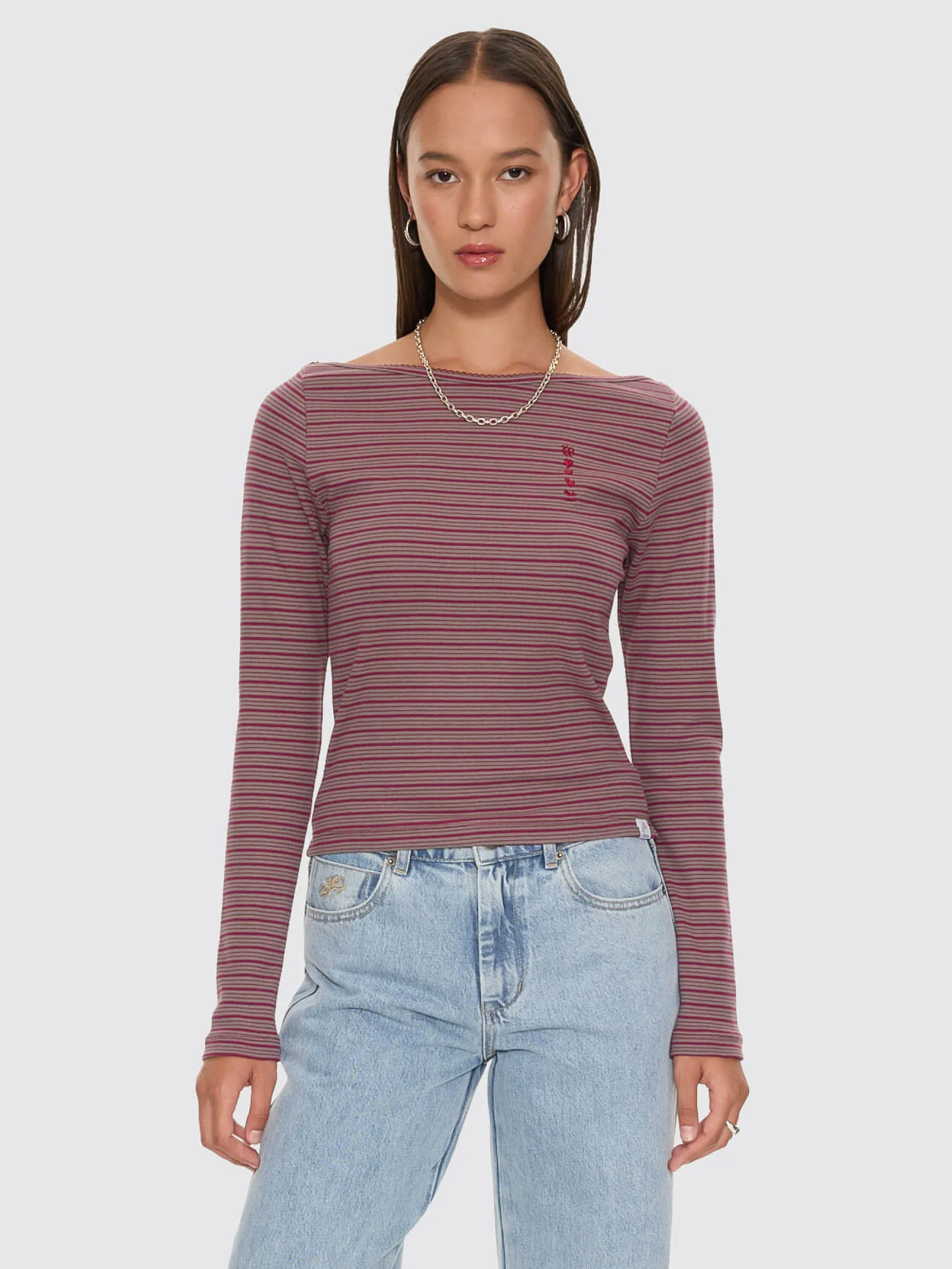 Crushed Stripe Boat Neck Long Sleeve Top - Potion