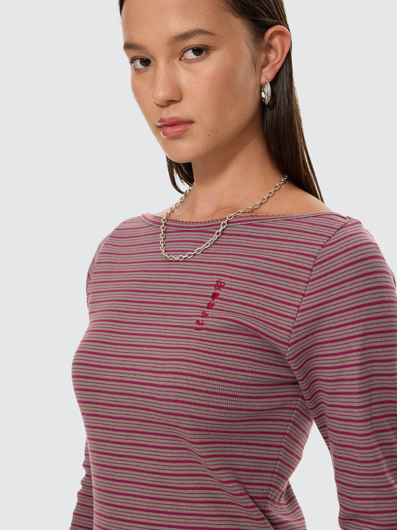 Crushed Stripe Boat Neck Long Sleeve Top - Potion - Image 2