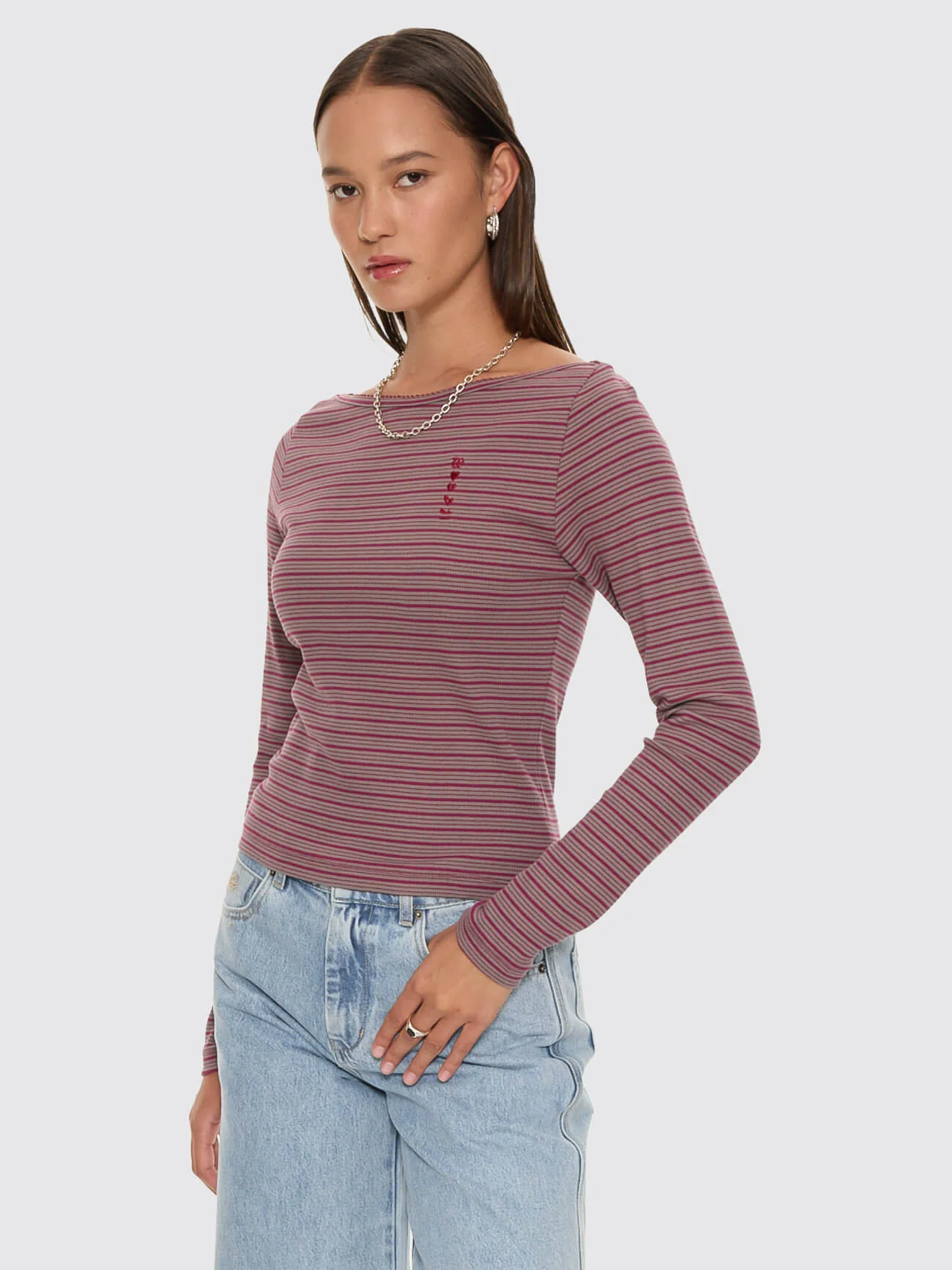 Crushed Stripe Boat Neck Long Sleeve Top - Potion - Image 3