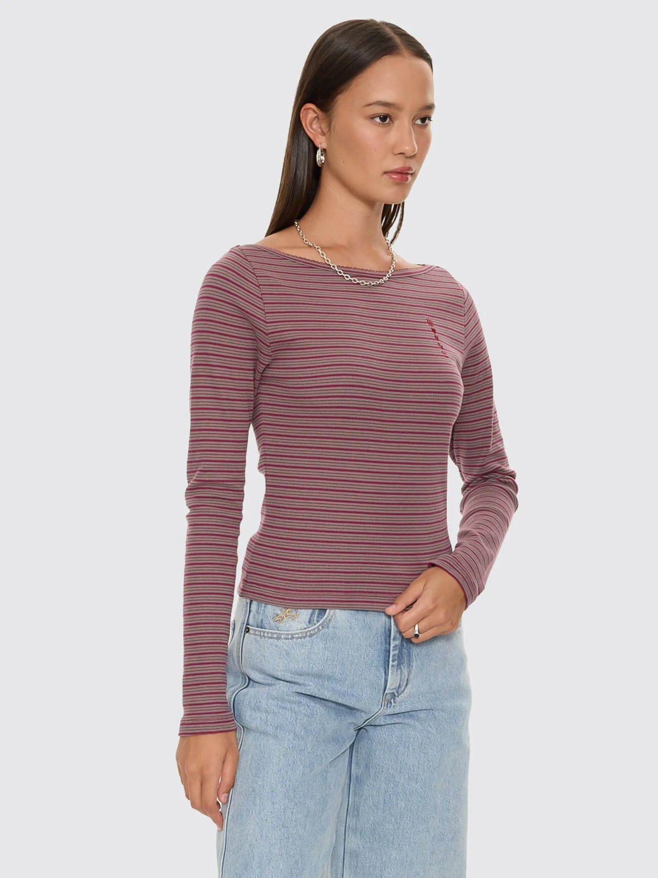 Crushed Stripe Boat Neck Long Sleeve Top - Potion - Image 5