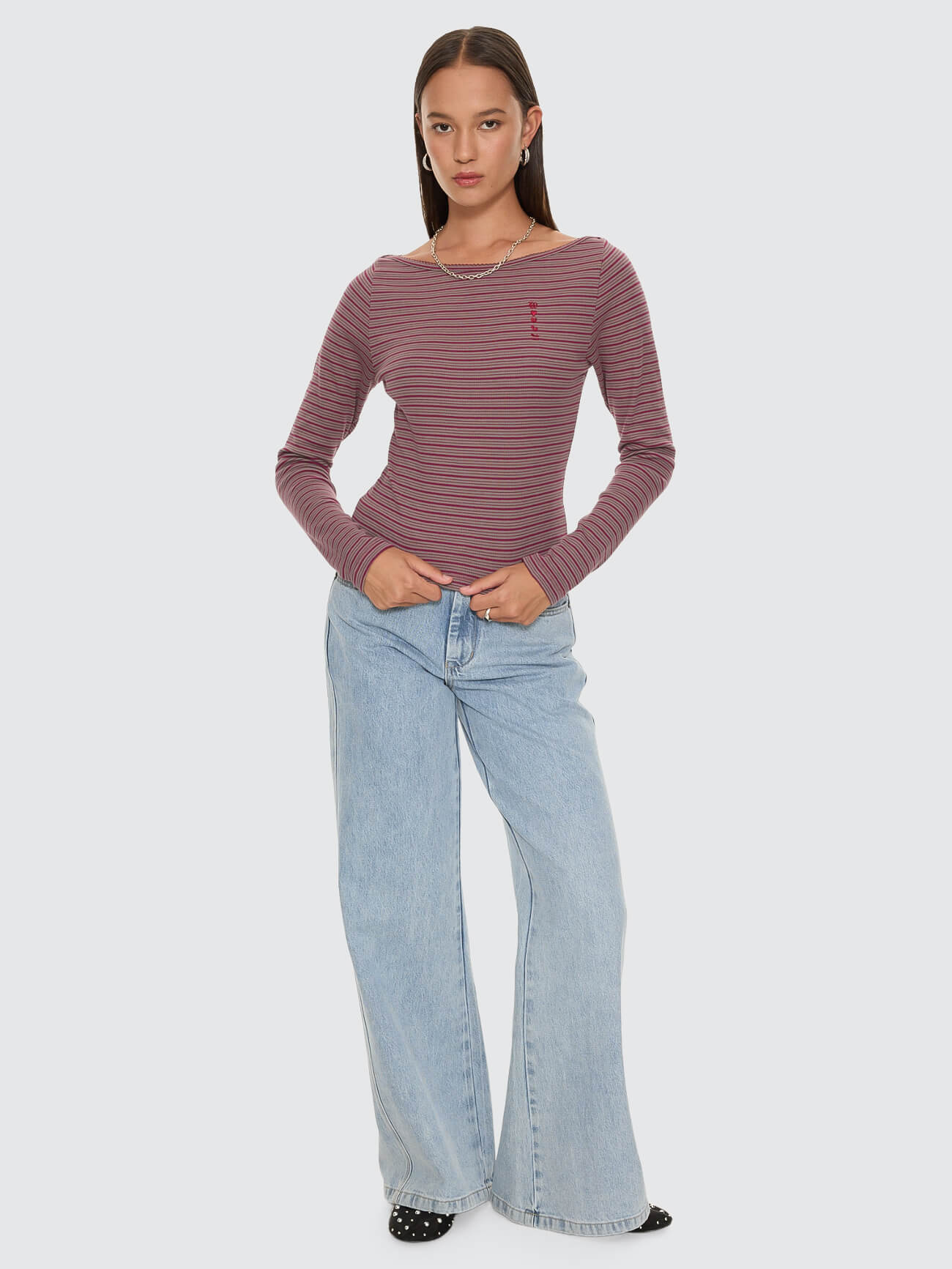 Crushed Stripe Boat Neck Long Sleeve Top - Potion - Image 6