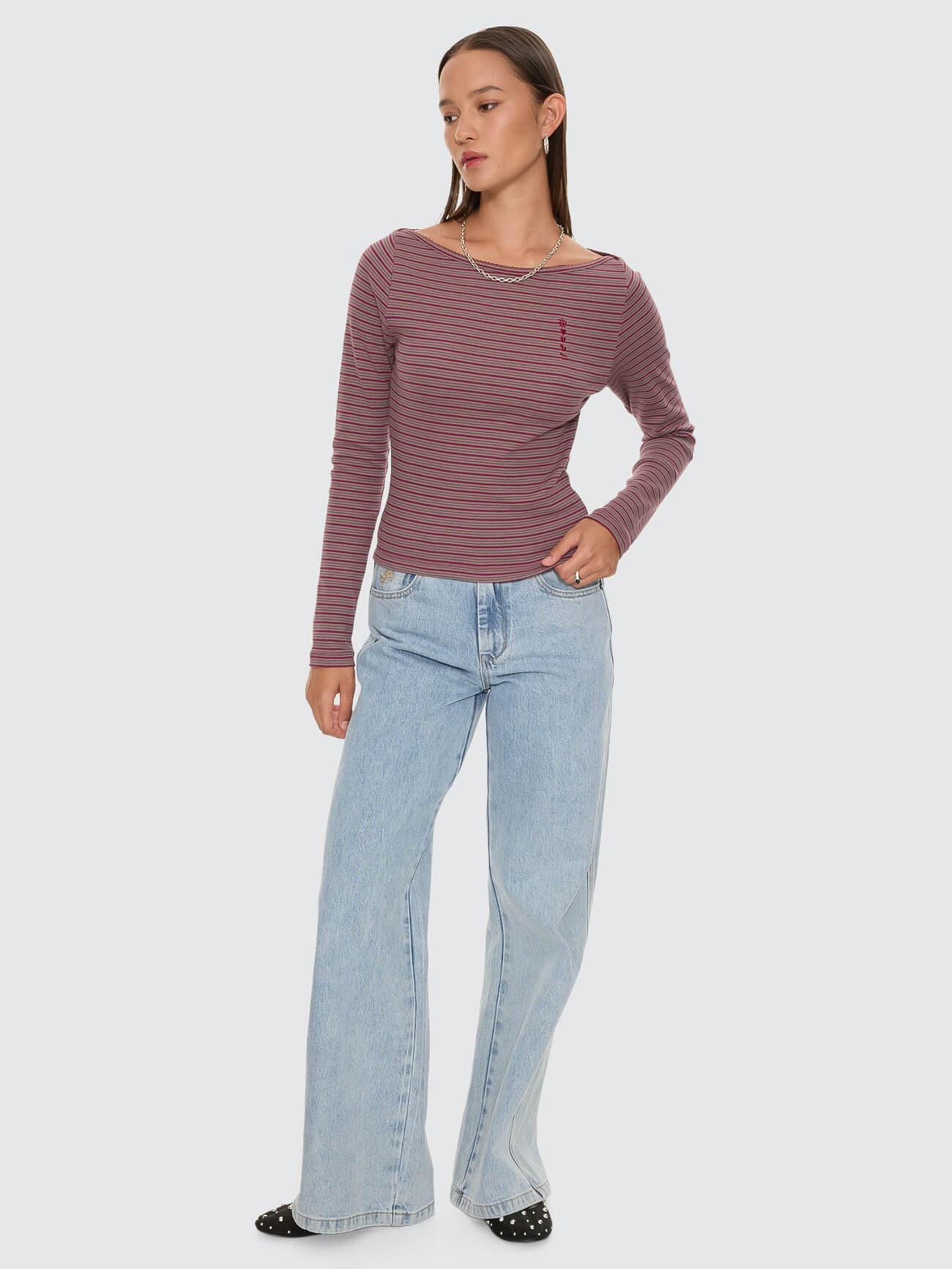 Crushed Stripe Boat Neck Long Sleeve Top - Potion - Image 7