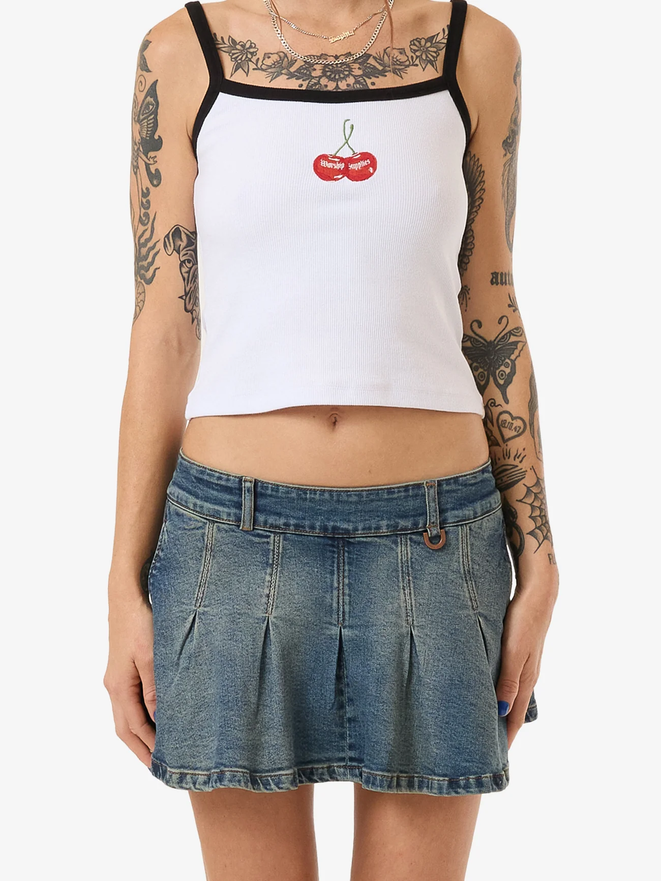Fast Lane Pleated Denim Mini Skirt - Dirty Mid Blue