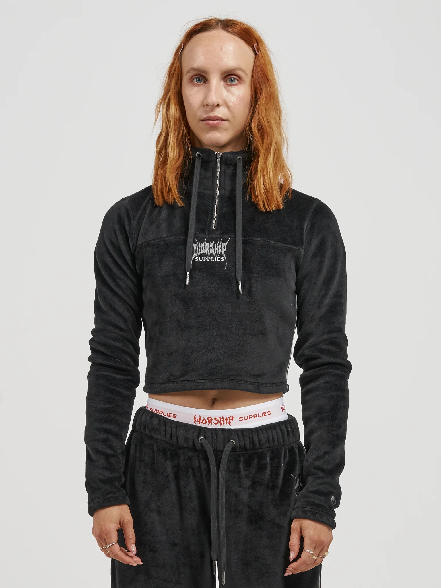Kitty Kitty Velour 1-4 Zip Pullover - Black