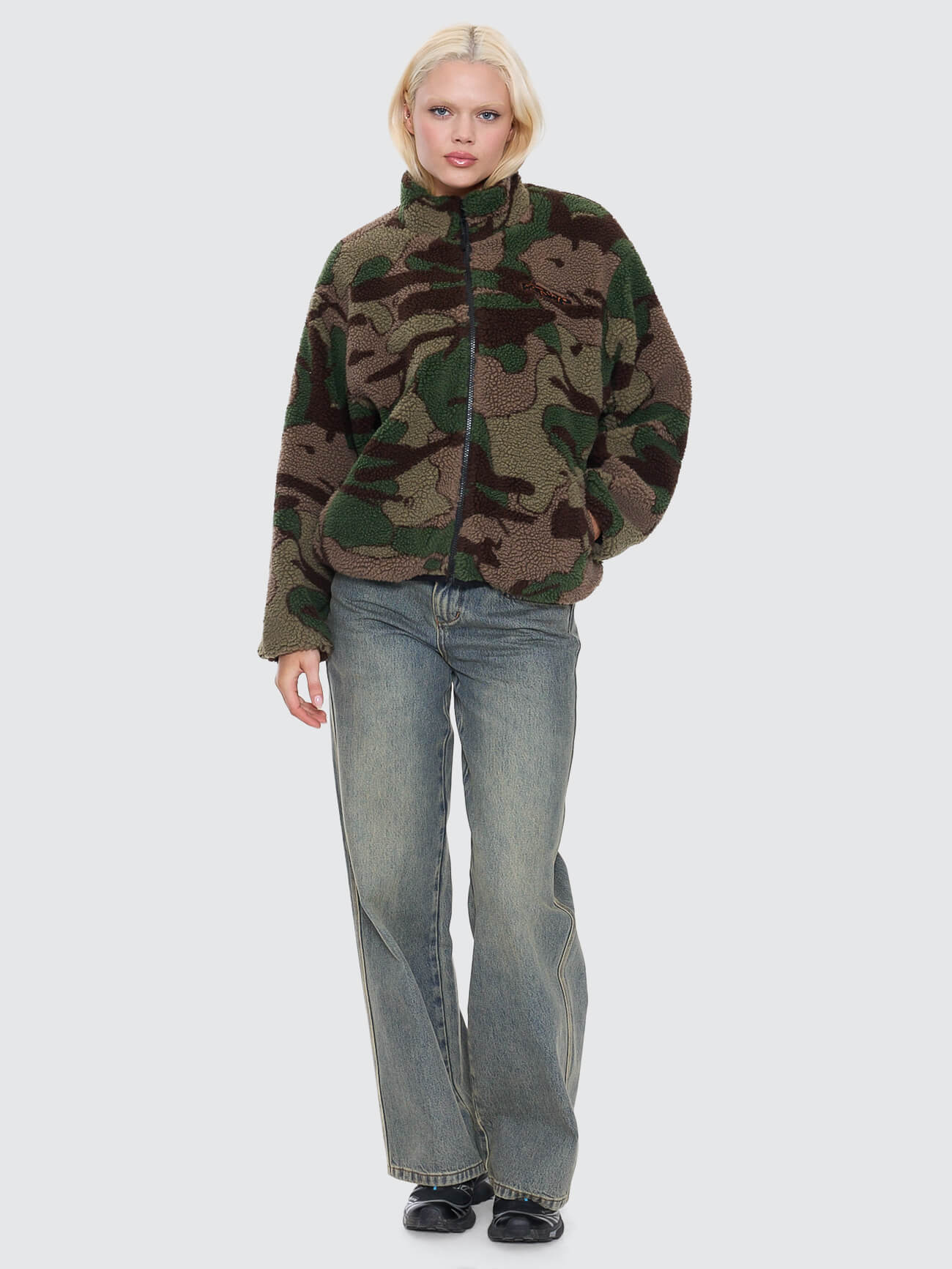 Plain Sight Zip Through Sherpa Fleece - Camo Green - Image 3