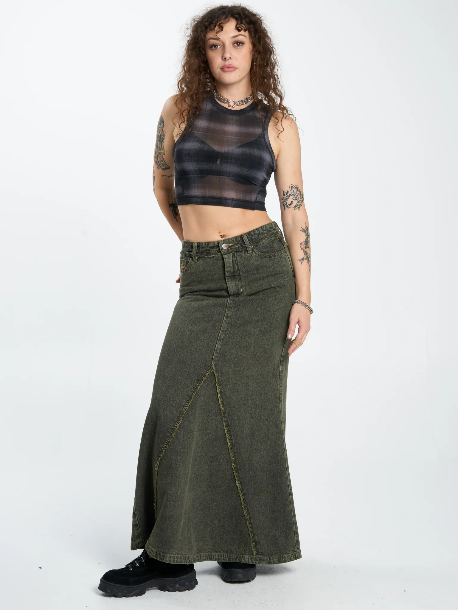 Pond Scum Denim Maxi Skirt - Pond Green Overdye - Image 5