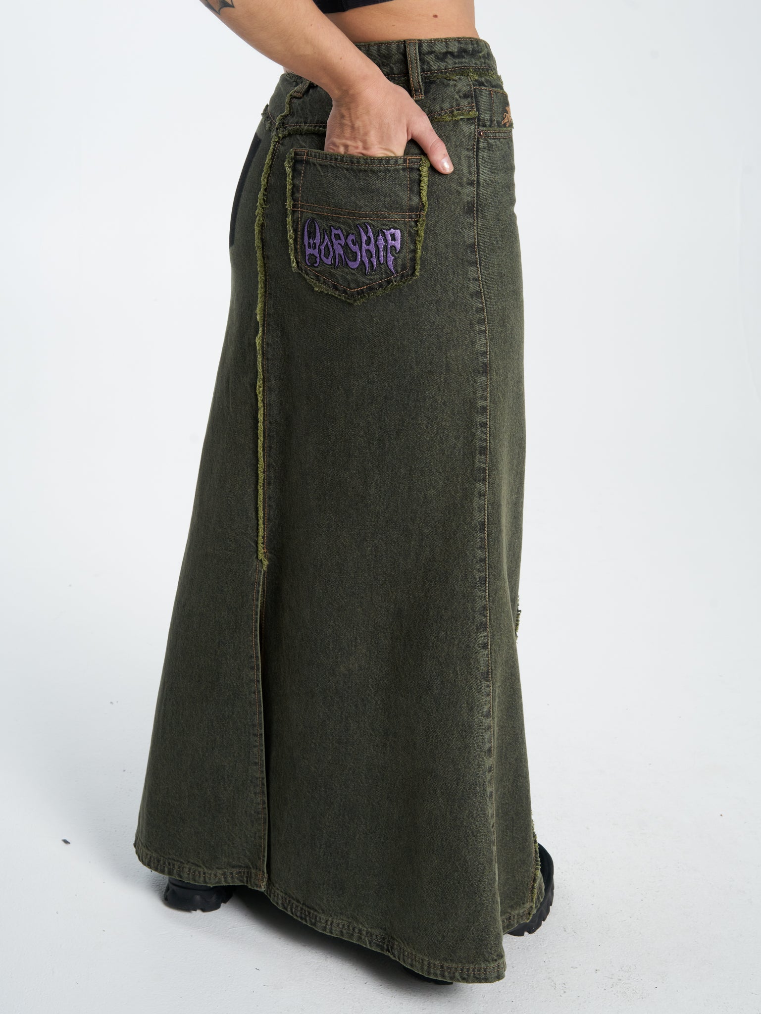Pond Scum Denim Maxi Skirt - Pond Green Overdye - Image 7