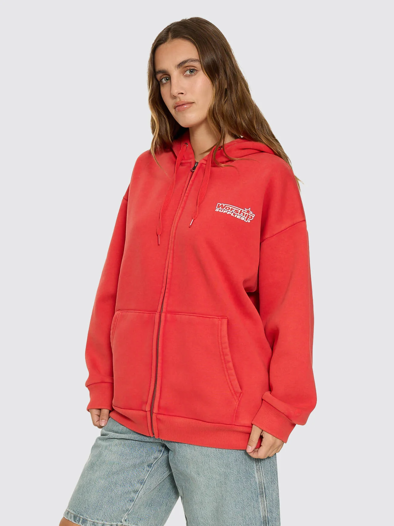 Push Off Zip Through Oversized Fit Hood - Washed Lucky Red - Image 6