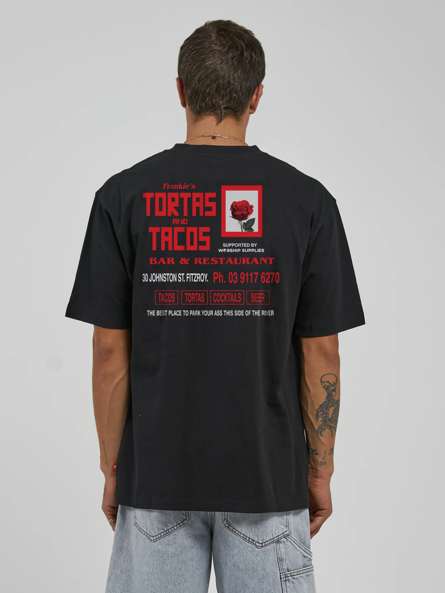 Worship Frankies Tortas And Tacos Tee – Black - Image 2